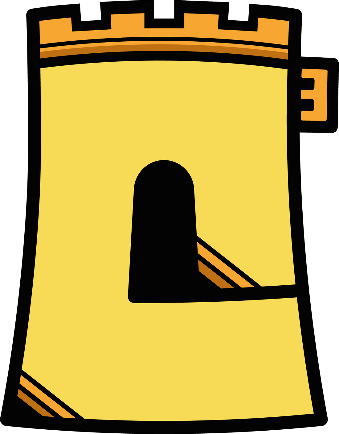 cotton castle logo. a yellow castle turret in the shape of the letter C with a central doorway and a cubed integer at top right side.